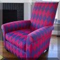 F03. Donghia John Hutton design red and blue upholstered chair. 39"h x 32" w x 35"d 